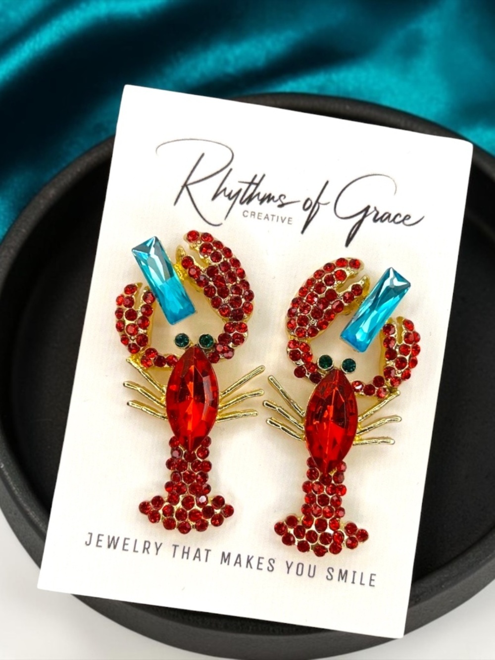 Rhinestone Crawfish Earrings Teal Blue Louisiana Mardi Gras Statement NWT